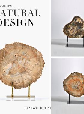 新中式样板房玄关天然不规则树化石几何摆件售楼处书柜软装饰品