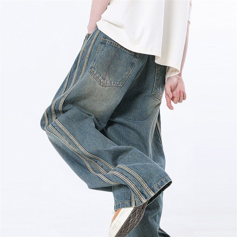春季复古条纹牛仔裤男潮牌高街拖地裤子美式宽松阔腿直筒休闲长裤,男装,牛仔裤,淘宝优惠券,粉丝福利购,淘宝优惠卷