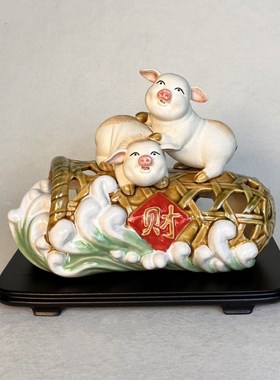 猪笼入水俩个小猪陶瓷摆件石湾公仔