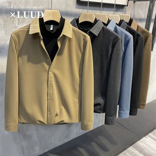 LUUD 冬季毛呢半高领假两件上衣韩版复古加厚保暖拼接衬衫毛衣男