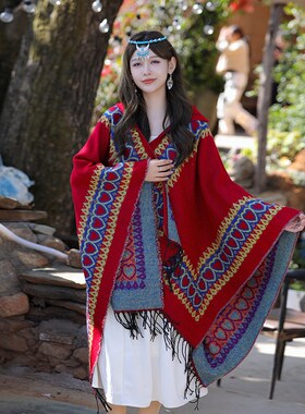 民族风红色围巾加厚保暖披肩女旅游外搭云南新疆西藏斗篷连帽披风