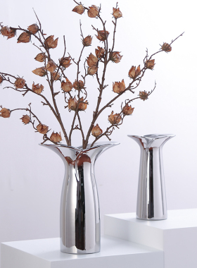 电镀银色陶瓷花瓣花瓶现代简约客厅样板房插花花器极简艺术装饰品
