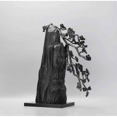 新中式铁艺假山迎客松板软装饰品大理石底座酒柜客厅玄关酒店摆件