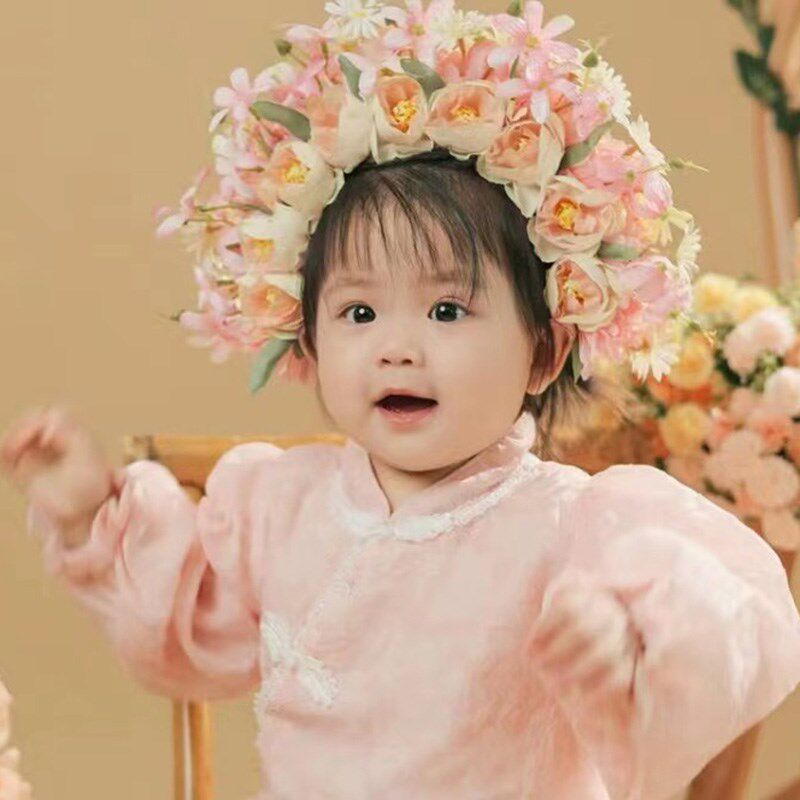 影楼儿童写真拍照簪花头饰花环发饰国潮风摄影真道具假花粘花发箍图片