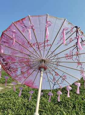 女童蓝色古风流苏防晒舞蹈绸布古装旗袍走秀演出道具中国风汉服伞