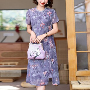 碎花雪纺假两件裙子中老年女装 改良旗袍裙 连衣裙时尚 洋气妈妈夏装