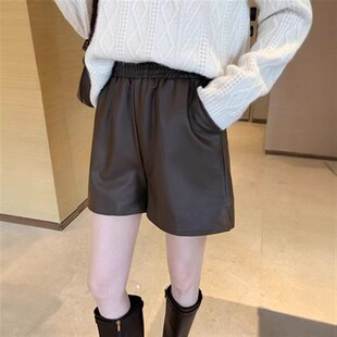 高腰皮短裤女秋冬季宽松休闲显瘦百搭阔腿松紧腰外穿a字pu皮裤女
