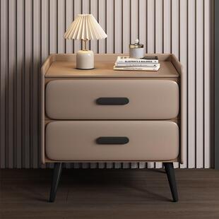 全实木床头柜现代简约轻奢卧室家用高端皮质卧室小型床边柜高级感