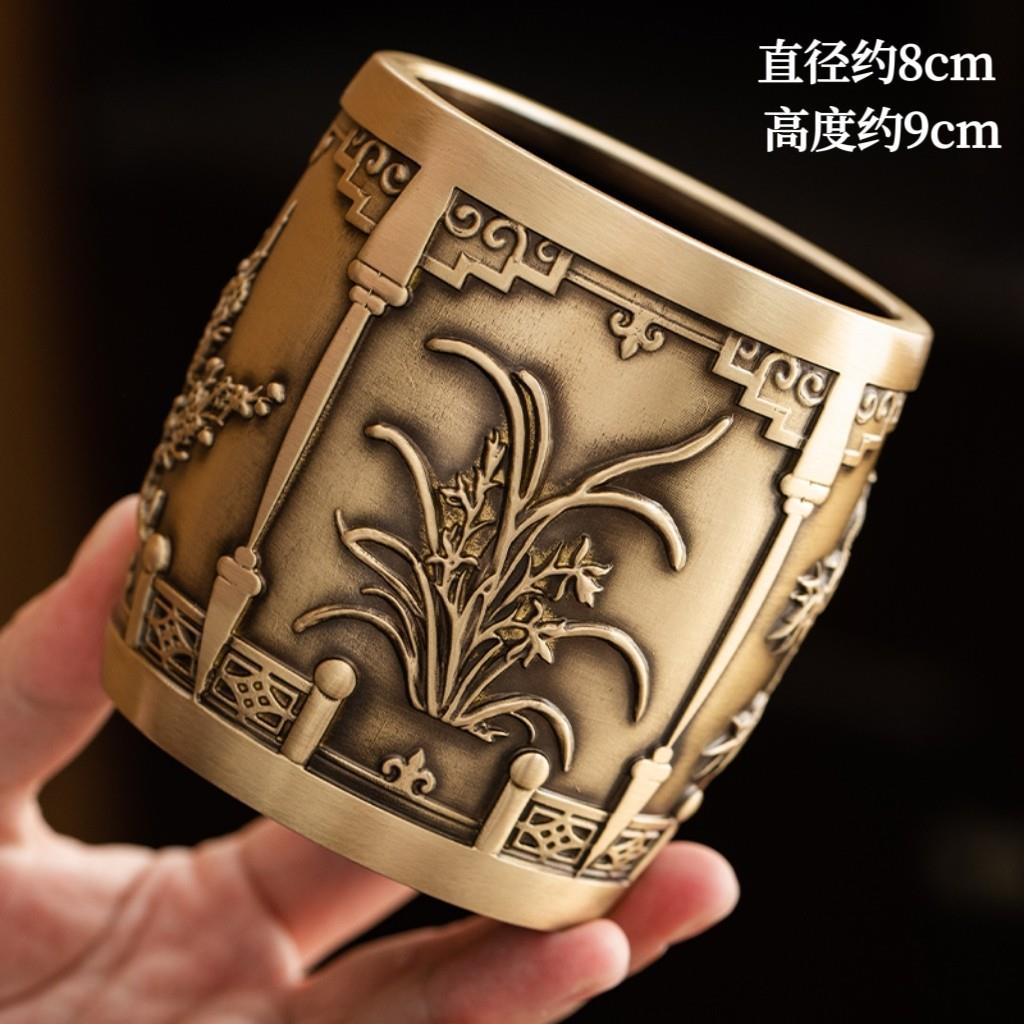 高档纯黄铜茶道六君子单筒茶筒笔筒茶具茶道配件茶桌办公桌面摆件