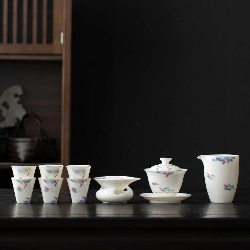 羊脂玉瓷手绘盖碗茶杯套装功夫茶具釉下彩陶瓷单个家用泡茶碗带盖,餐饮具,功夫茶具,淘宝优惠券,粉丝福利购,淘宝优惠卷