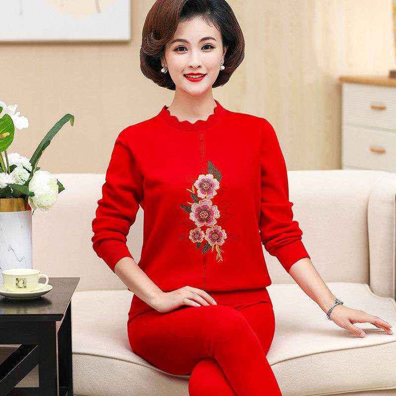 中老年本命年红色发热衣裤女妈妈保暖衣加绒加厚秋衣卫生裤马年