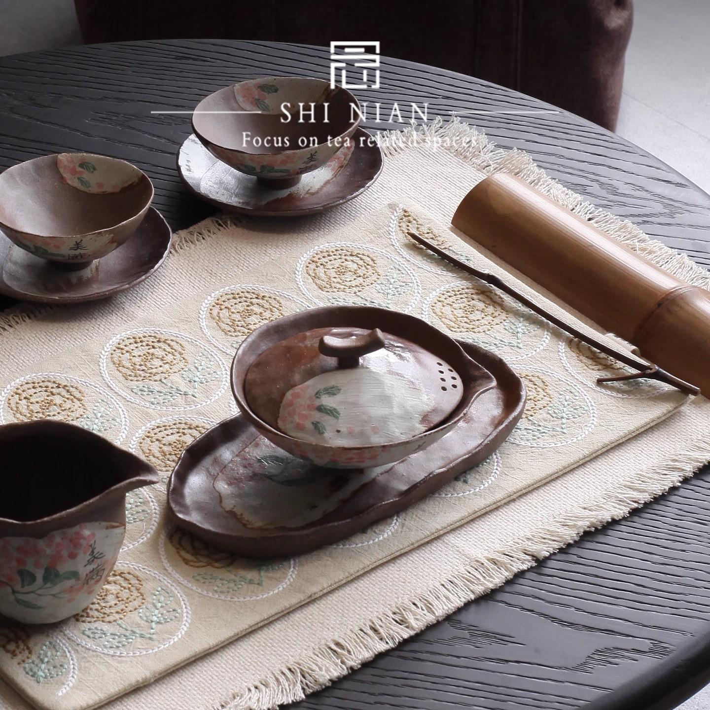 柴烧粗陶茶具飞碟盖碗手绘美满盖碗陶瓷泡茶器个性粉引茶碗手抓壶