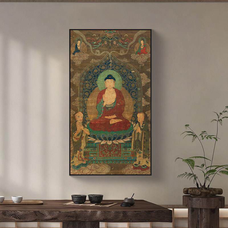 西方三圣画像阿弥陀佛接引图客厅挂画竖版释迦三尊佛像中堂装饰画