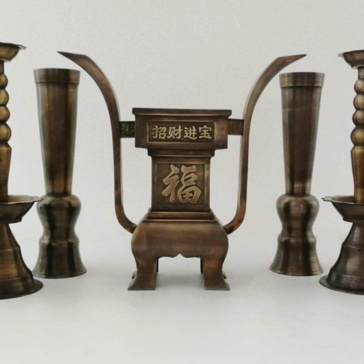 彷古铜五供 纯铜烛台香炉套件 铜香炉 纯铜香桶 香具摆件供奉供器