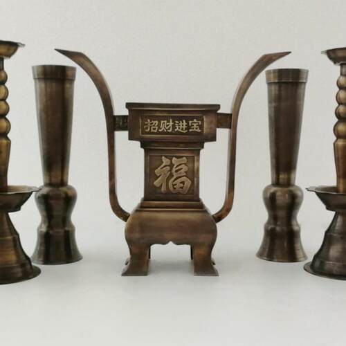 彷古铜五供 纯铜烛台香炉套件 铜香炉 纯铜香桶 香具摆件供奉供器