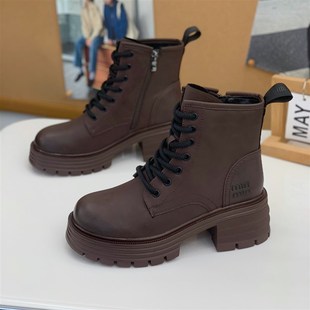 英伦风增高厚底显腿长短靴女2024秋冬新款 百搭系带炸街复古马丁靴