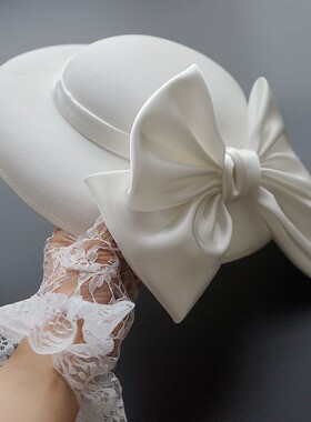 法式白色复古赫本风缎面礼帽女晚宴英伦夜上海旗袍礼服帽子头饰秋