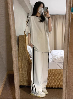 慵懒风韩版时尚运动套装女夏季宽松显瘦学生短袖阔V腿裤休闲两件