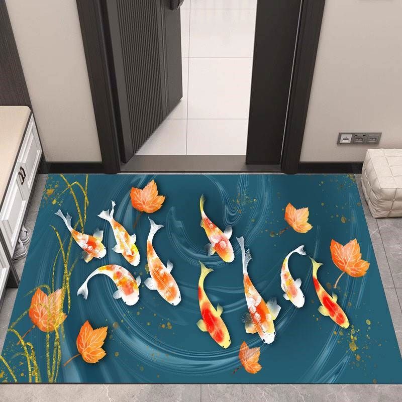 横版进门九鱼绿色入户地垫门厅蓝色鱼F群锦鲤家用脚垫游进鱼图案