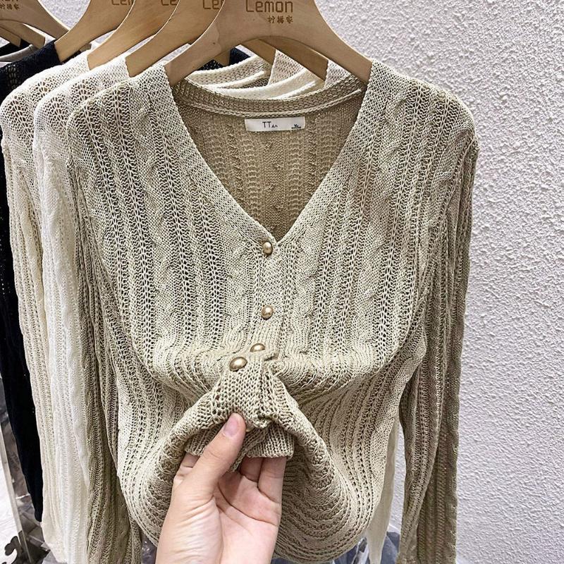 2024春季镂空针织o衫女长袖毛衣设计感小众感麻花V领开衫上衣修身