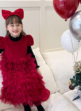 2023冬季新年款女童小仙女蓬蓬蛋D糕网纱裙儿童节日礼服背心公主