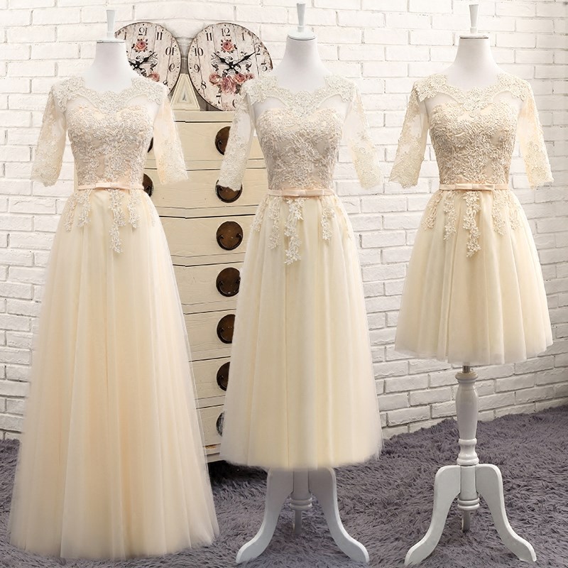 2024新款韩版香槟色中长款婚礼伴娘服修身姐妹裙晚会X主持人小礼