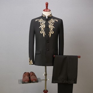 刺绣中山装男青年演出服成人舞台大合唱表演服装歌手主持人礼服