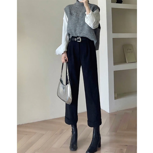 高级感加绒d毛呢西装裤女2024秋冬新款小个子高腰直筒九分烟管裤