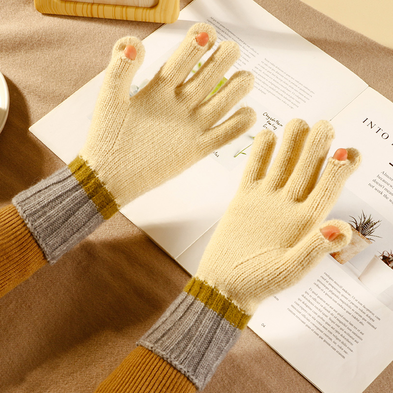 露二指触屏手套女冬季加绒加厚长棉保暖防L寒骑行毛线手袜秋冬季