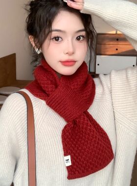 针织毛线围巾女本命年酒红色秋冬季妈妈短小耳朵围脖懒人交叉护颈