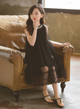 黑色连衣裙d女童夏季2023新款12岁韩版洋气吊带纱裙大童装女孩裙