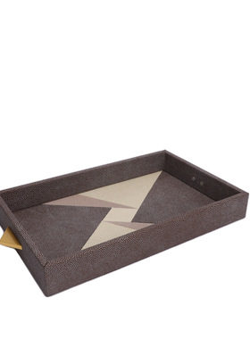 中式木质皮革双拼托盘样板房售楼部茶水间简约托盘软装饰品摆件