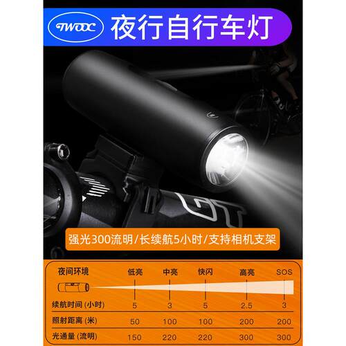 Twooc迷你自行车夜间自行车山地车道路灯USB充电强光自行车大灯自