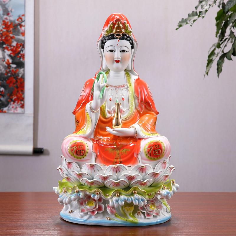 玉瓷堂陶瓷红衣观音菩萨佛像佛摆件供奉南海家用坐莲观世音菩萨像