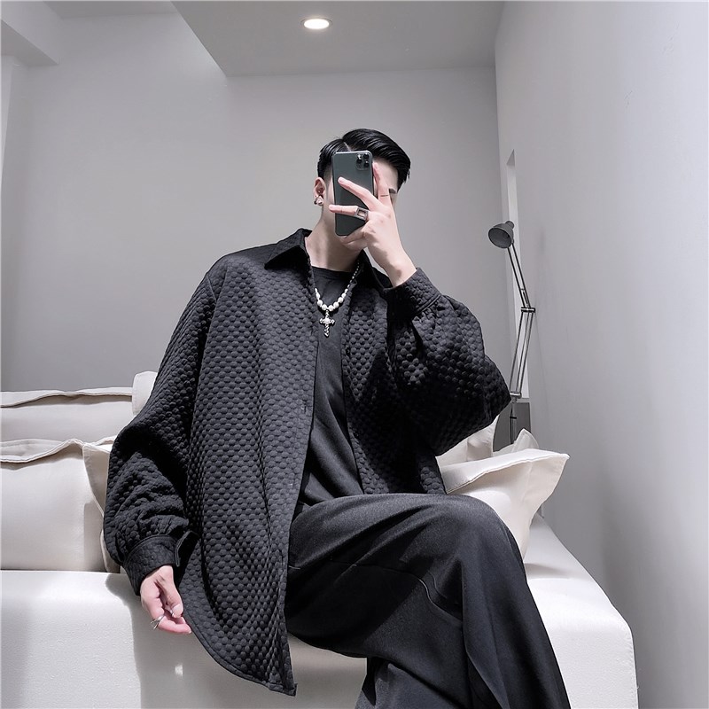 春季暗黑风立体波点压花s衬衫男长袖个性小众宽松纯色休闲衬衣外