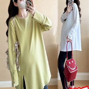 宽松300中长开衩修身 中国风上衣2025秋季 t恤100公斤 孕妇新款 加码