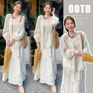 上衣高腰猪鼻扣半身裙套装 早春夏重工全刺绣长袖 新款 2025孕妇时尚