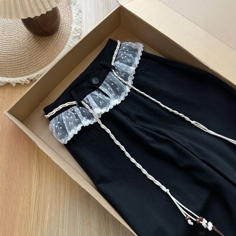 设计感蕾丝拼接腰绳黑色阔腿牛仔裤女春秋美式高腰宽松直筒长裤子