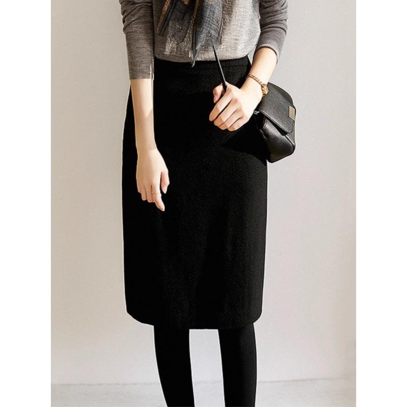 黑色毛呢b半身裙女秋冬高腰直筒开叉御姐风情万种裙子一步包臀半