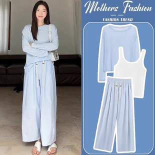 甜美减龄蓝色圆领防嗮上衣裤 韩版 子三件套女 春秋2025新款 孕妇套装