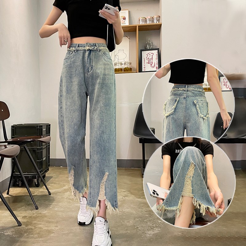 高腰破洞牛仔裤女春夏季薄款u2025新款毛边小个子宽松显瘦直筒裤