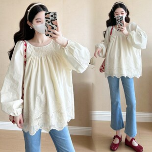 镂空刺绣长袖 上衣宽松大码 休闲娃娃衫 孕妇装 怀孕衬衫 时尚 春季 春装