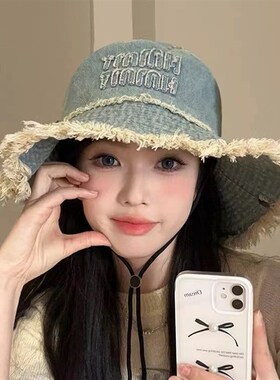 西部牛仔日系复古做旧小众设计感渔夫帽女磨边个性盆帽显脸小帽子