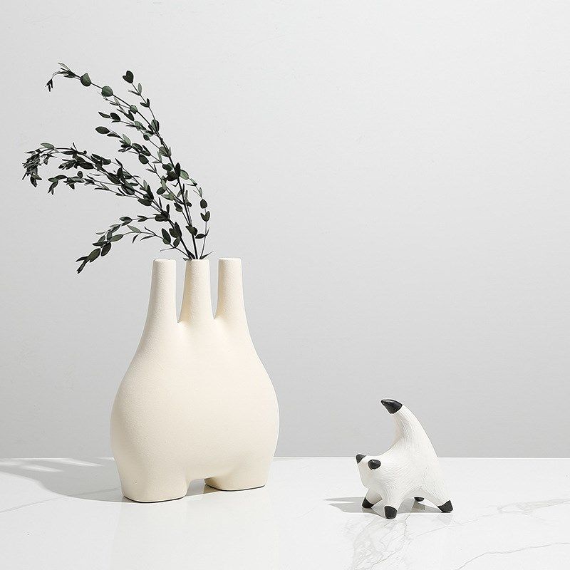 现代奶油风抽象三管子植绒陶瓷干花瓶样板间酒店餐桌茶几插花摆件,特色手工艺,其他特色工艺品,淘宝优惠券,粉丝福利购,淘宝优惠卷