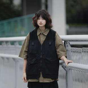 阿于呆日系户外潮牌机能多口袋工装 宽松百搭坎肩背心女 马甲男夏季