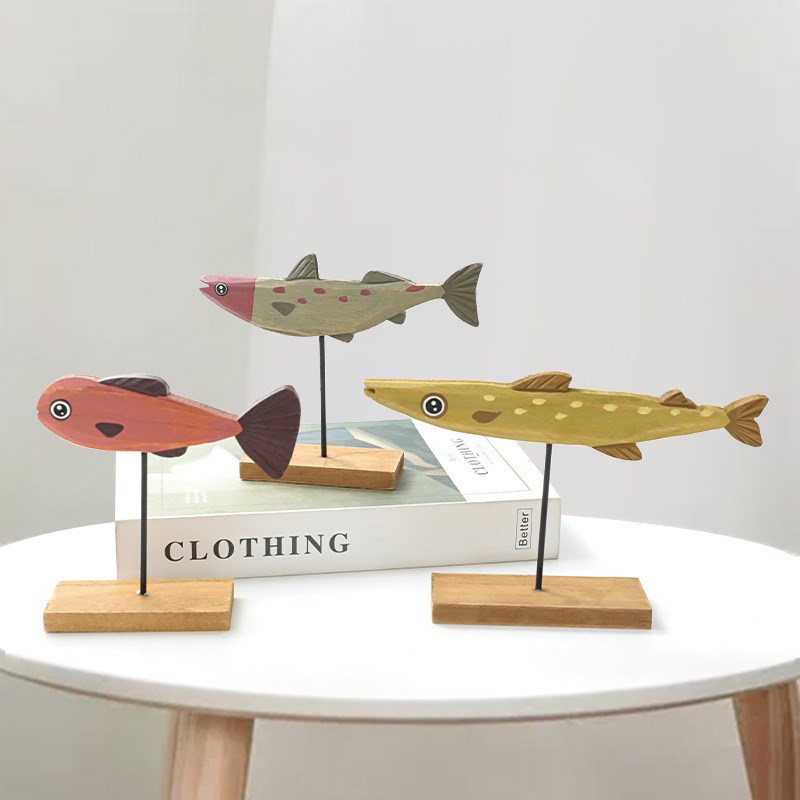 北欧手工制做可爱鱼摆件电视柜桌面家居小鱼木质装饰品工艺品卡通