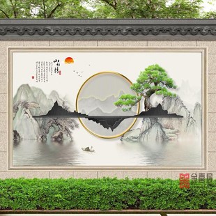 农村迎门墙福字外墙照壁瓷砖庭院影壁装饰室外背景V围墙壁画自建