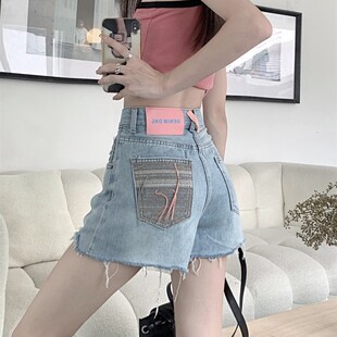 破洞牛仔短裤女夏季春秋2025新款高腰显瘦阔腿宽松a字毛边热裤子