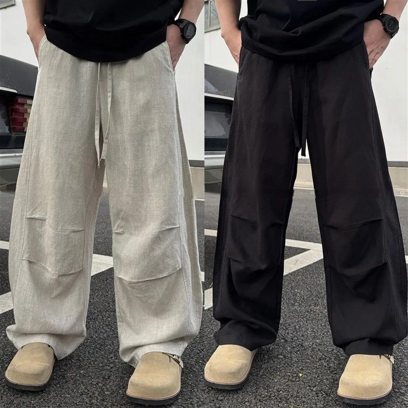 2025夏季老钱风亚麻透气休闲裤男简约高档时尚宽松百搭阔腿弯刀裤