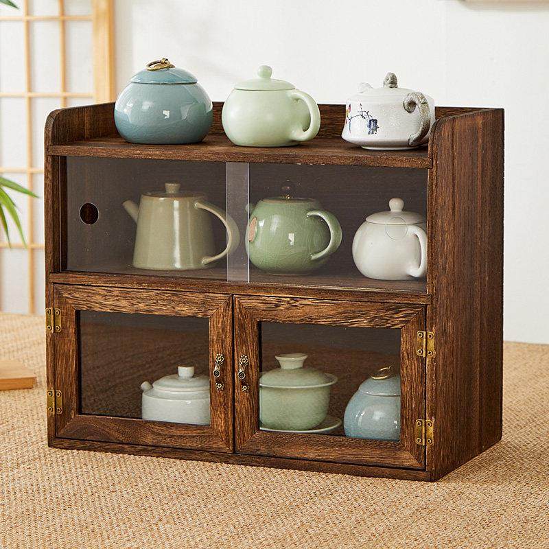 实木防尘桌面收纳盒移门置物架化妆品杂物茶壶茶叶文具茶具收纳柜,收纳整理,桌面收纳盒,淘宝优惠券,粉丝福利购,淘宝优惠卷